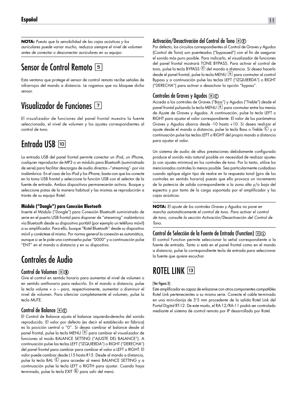 Sensor de control remoto 5, Visualizador de funciones 7, Entrada usb 0 | Controles de audio, Rotel link q | ROTEL RA-12 User Manual | Page 11 / 15