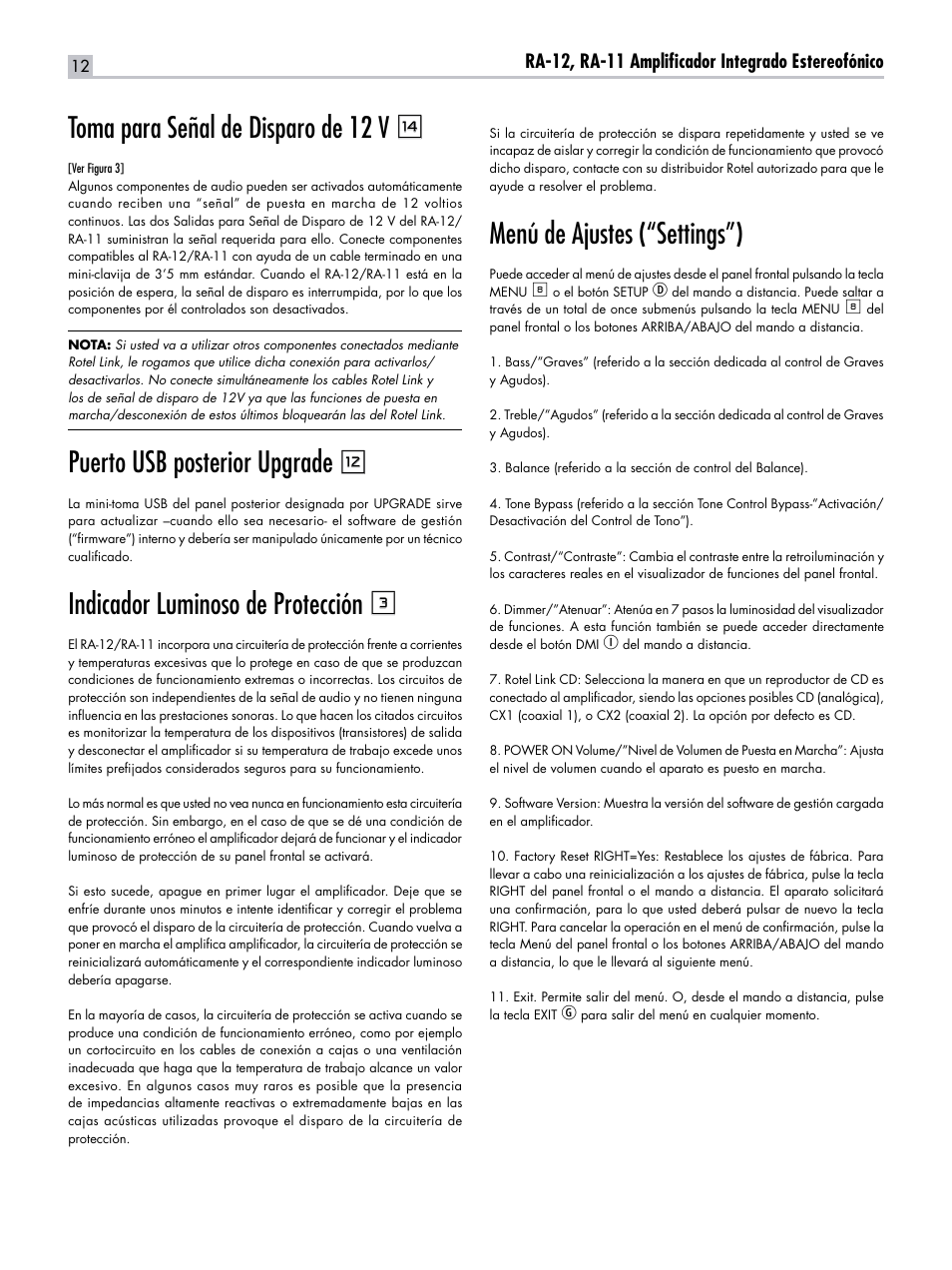 Toma para señal de disparo de 12 v w, Puerto usb posterior upgrade, Indicador luminoso de protección 3 | Menú de ajustes (“settings”), Ra-12, ra-11 amplificador integrado estereofónico | ROTEL RA-12 User Manual | Page 12 / 15