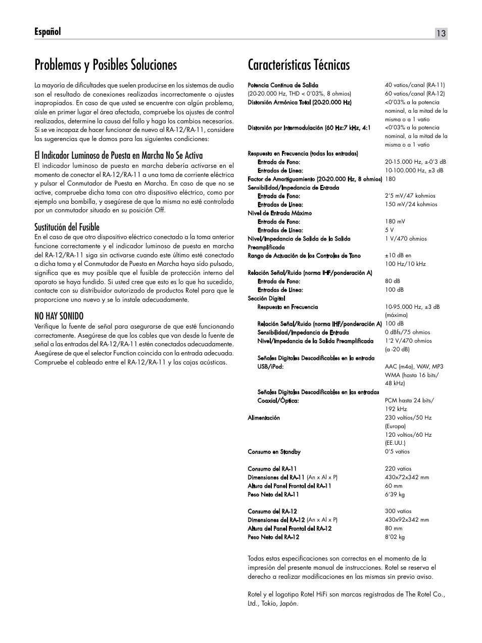 Problemas y posibles soluciones, Características técnicas, Español | Sustitución del fusible, No hay sonido | ROTEL RA-12 User Manual | Page 13 / 15