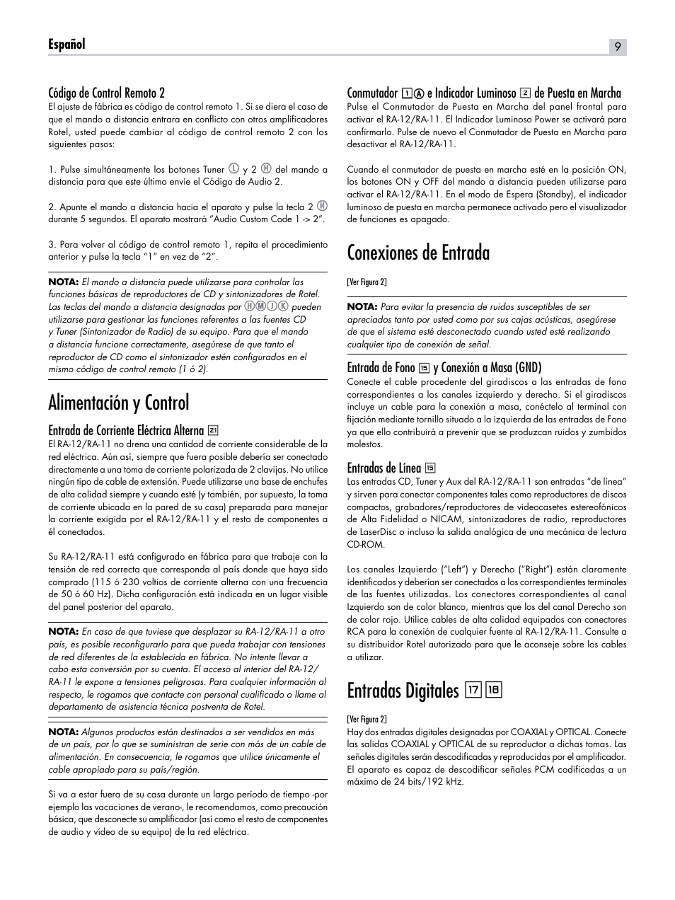 Alimentación y control, Conexiones de entrada, Entradas digitales ty | ROTEL RA-12 User Manual | Page 9 / 15