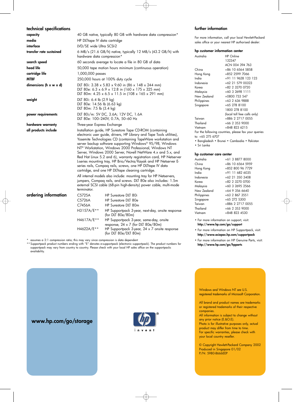 Technical specifications, Ordering information | Compaq Surestore DLT 80 User Manual | Page 2 / 2