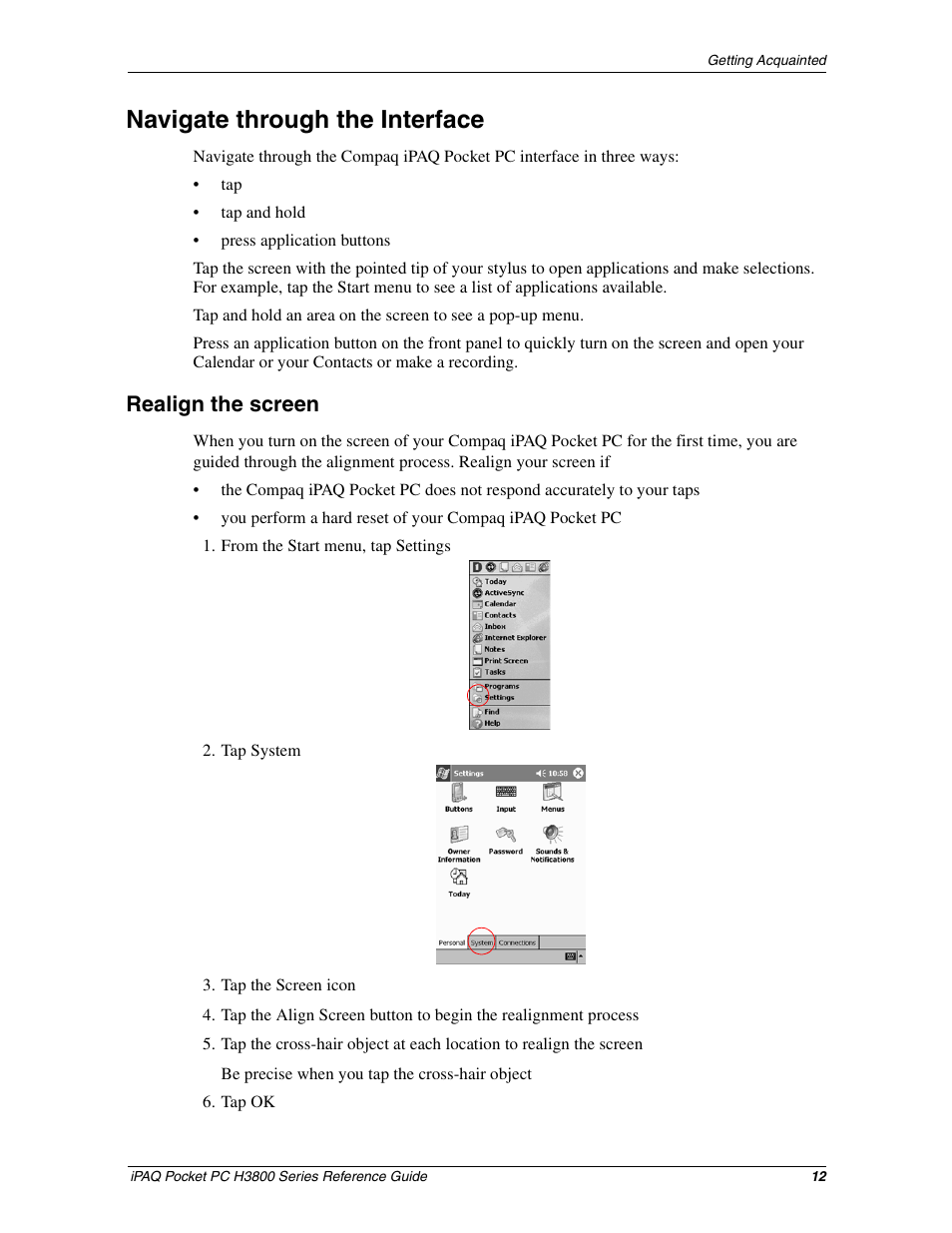 Navigate through the interface, Realign the screen | Compaq iPAQ H3800 User Manual | Page 12 / 116