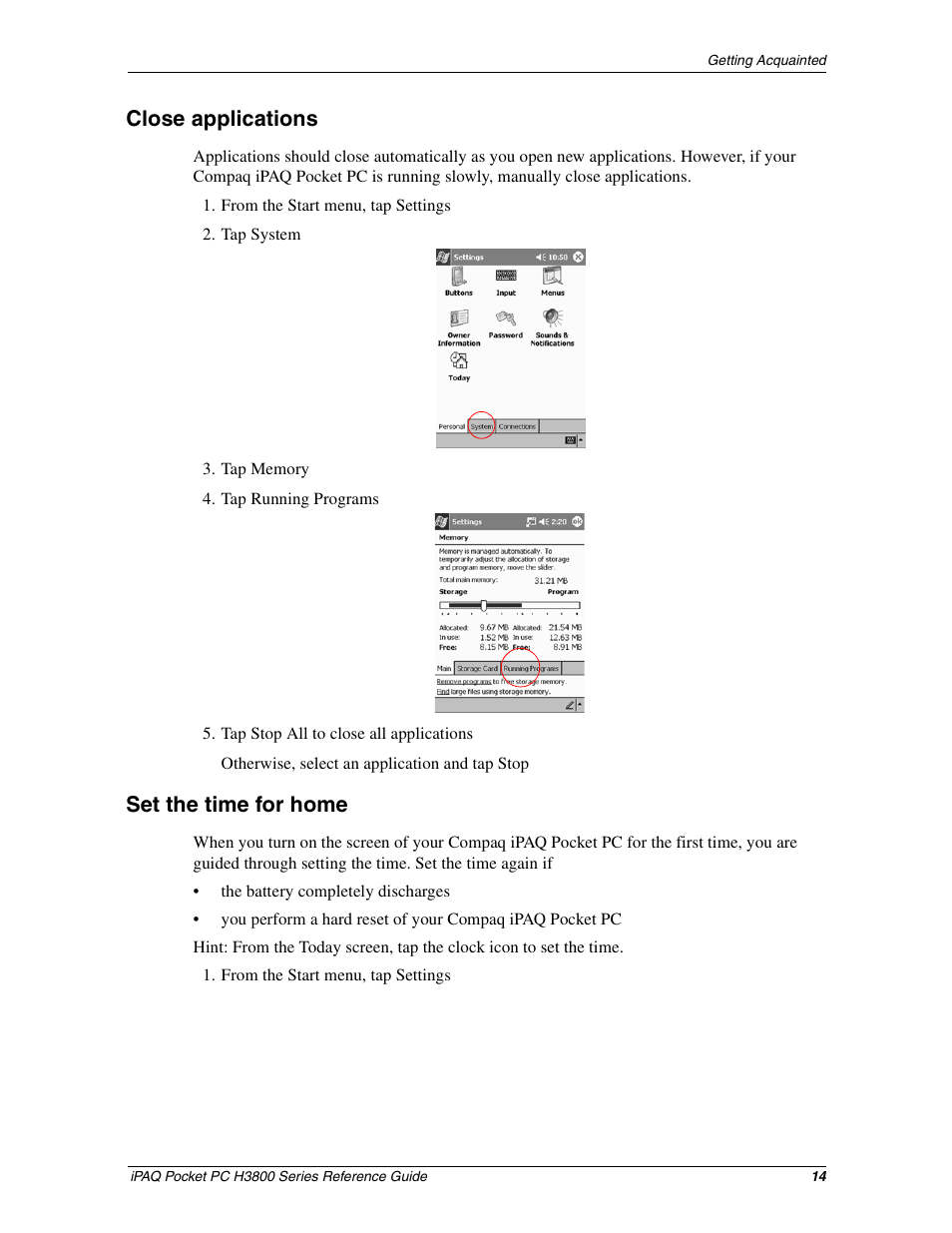 Close applications, Set the time for home | Compaq iPAQ H3800 User Manual | Page 14 / 116