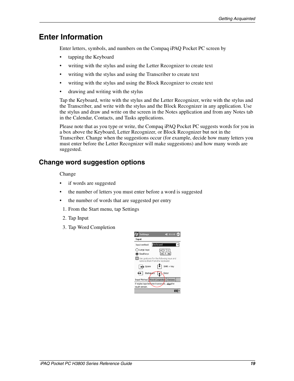 Enter information, Change word suggestion options | Compaq iPAQ H3800 User Manual | Page 19 / 116