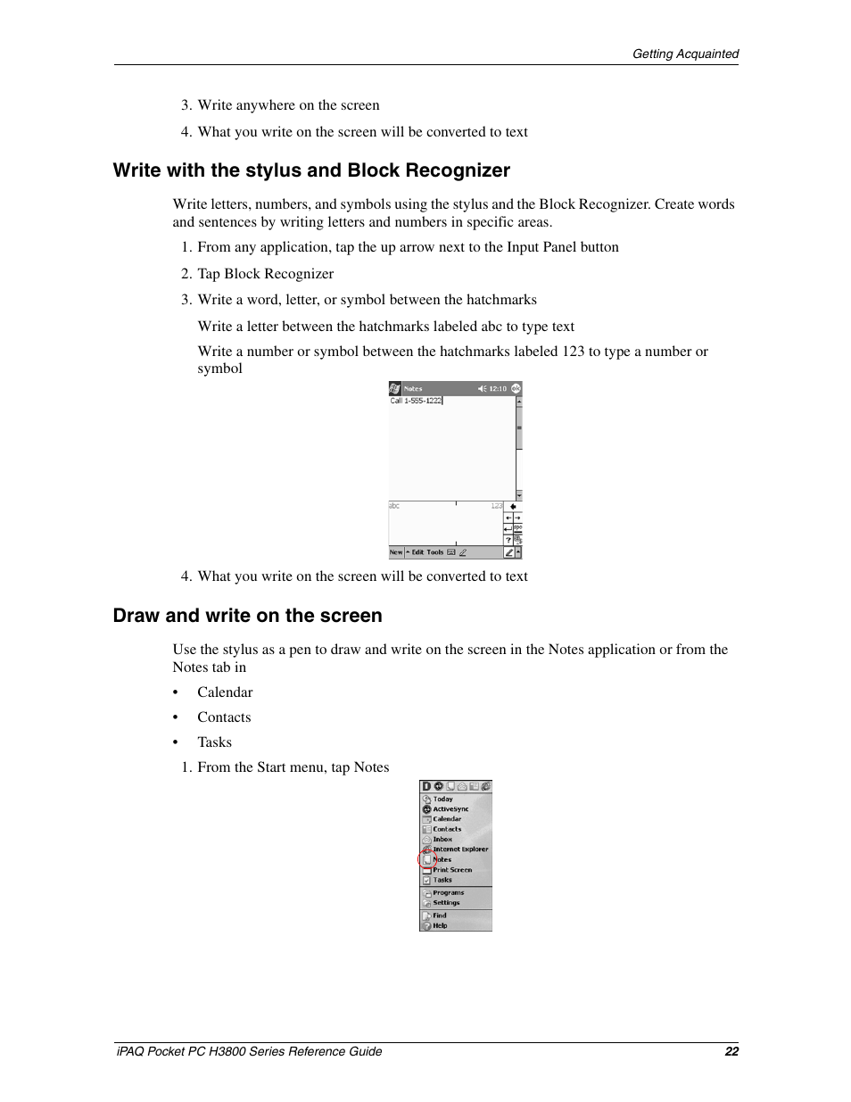 Write with the stylus and block recognizer, Draw and write on the screen | Compaq iPAQ H3800 User Manual | Page 22 / 116