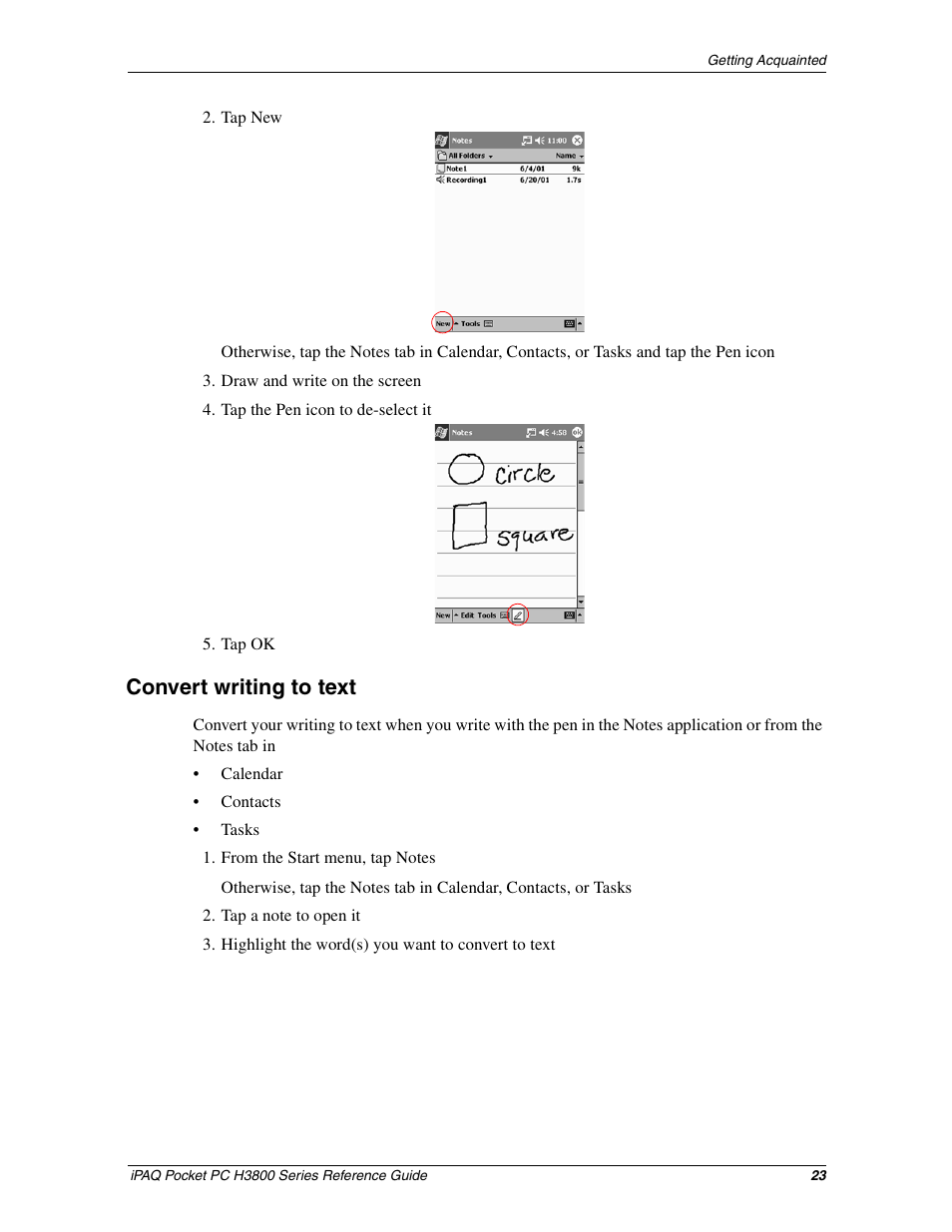 Convert writing to text | Compaq iPAQ H3800 User Manual | Page 23 / 116