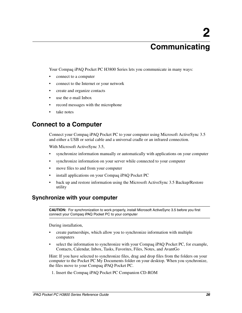 Communicating, Connect to a computer | Compaq iPAQ H3800 User Manual | Page 26 / 116