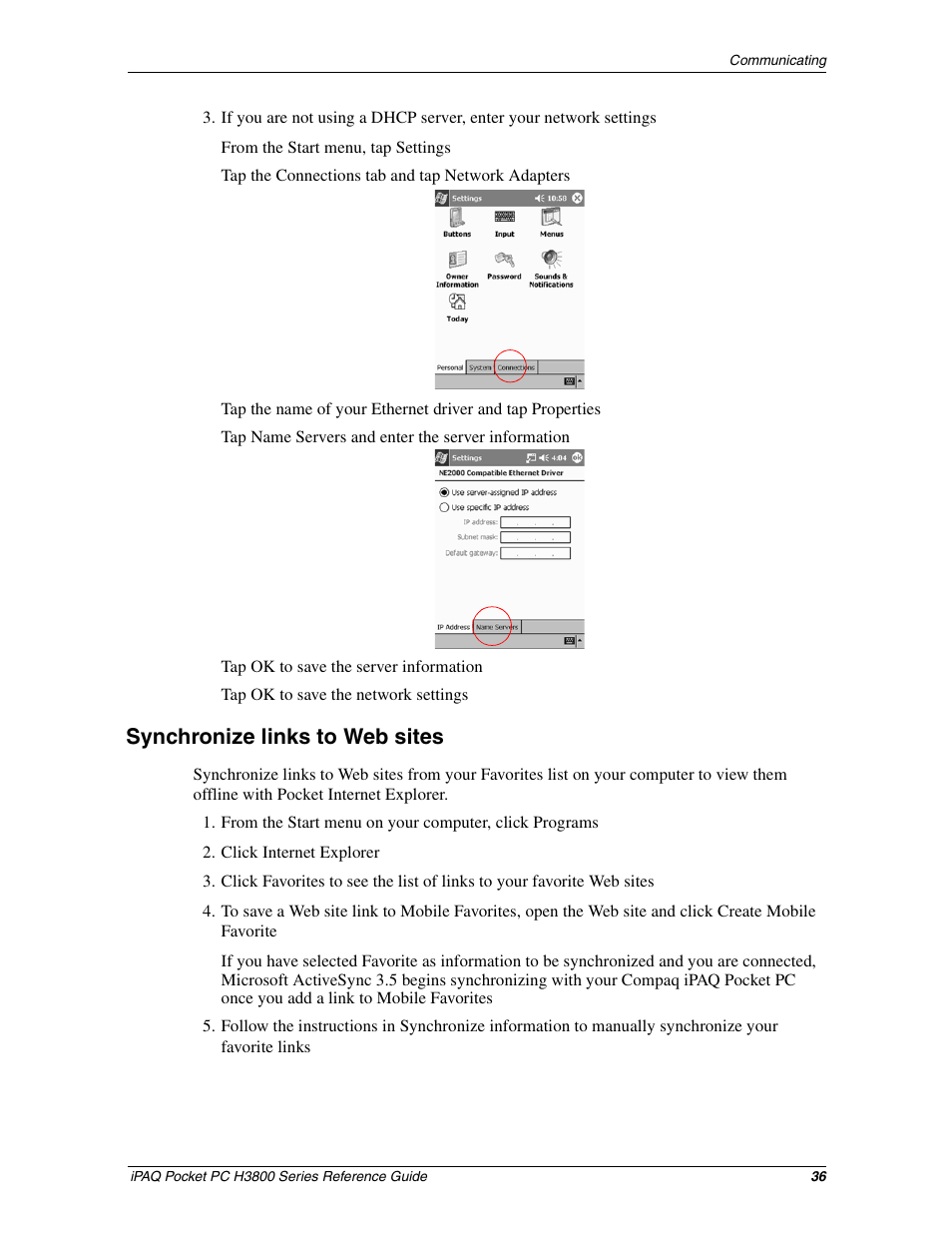 Synchronize links to web sites | Compaq iPAQ H3800 User Manual | Page 36 / 116