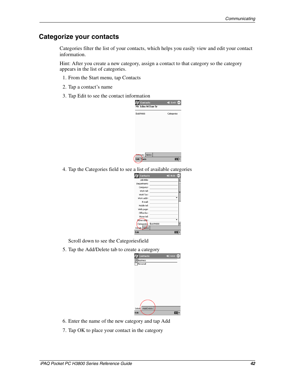 Categorize your contacts | Compaq iPAQ H3800 User Manual | Page 42 / 116