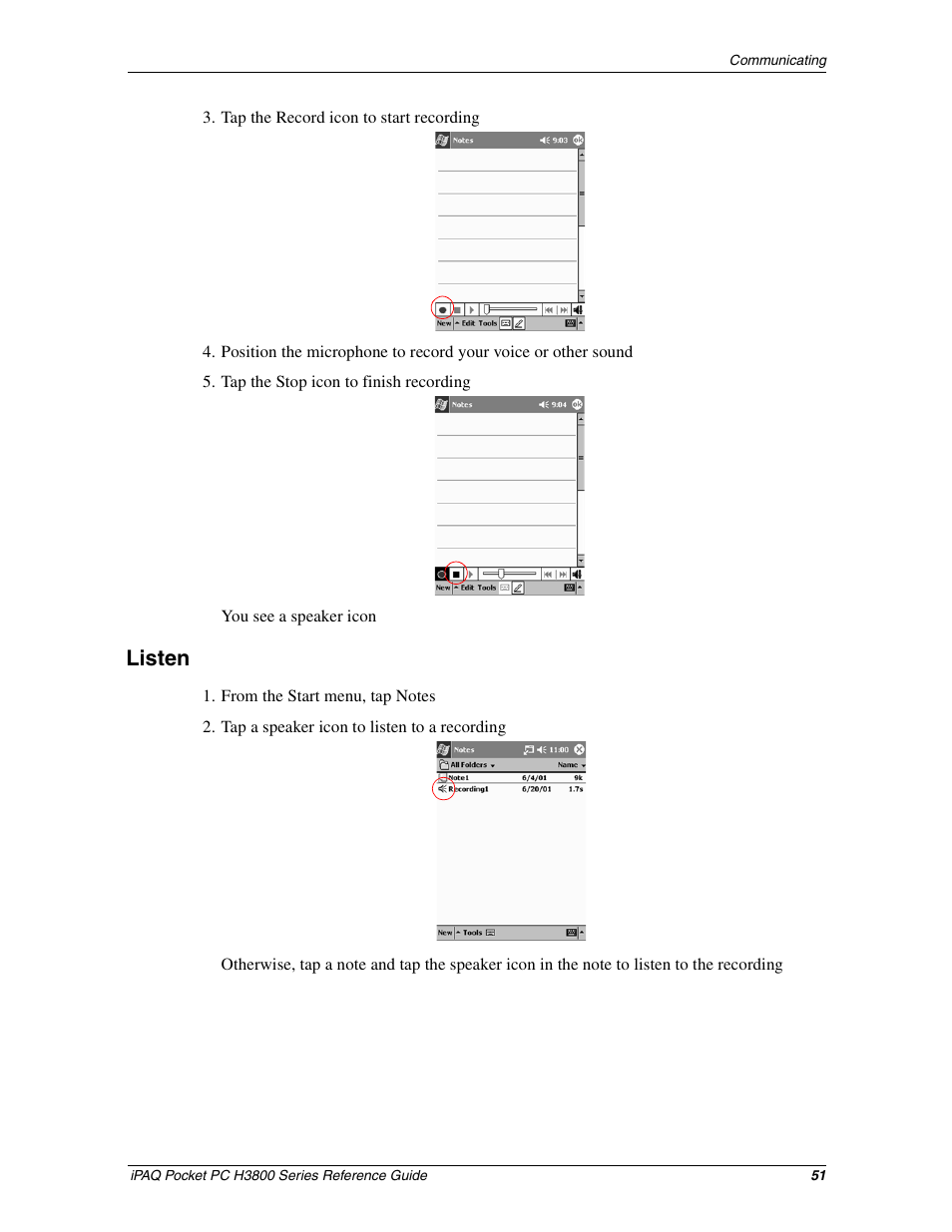 Listen | Compaq iPAQ H3800 User Manual | Page 51 / 116