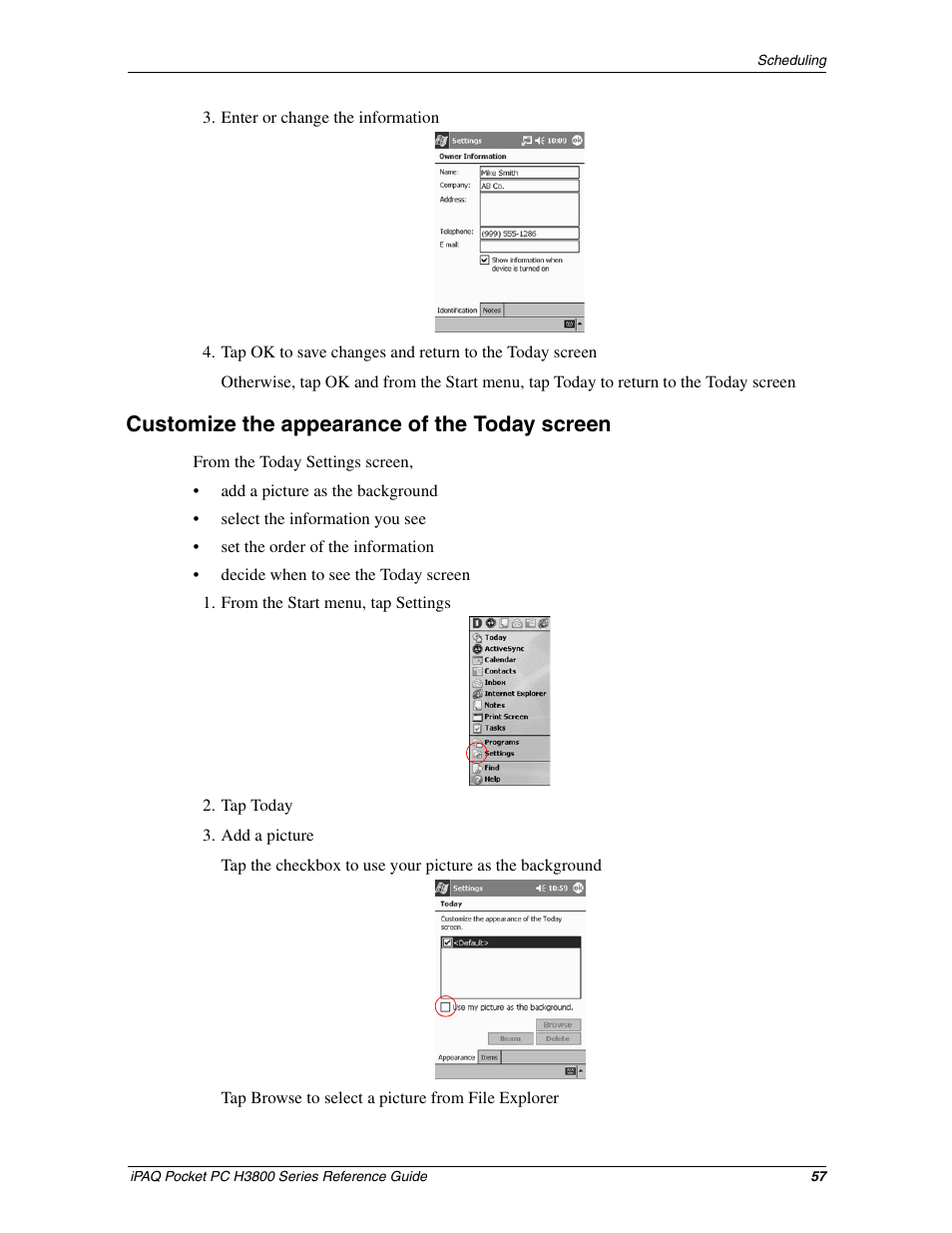 Customize the appearance of the today screen | Compaq iPAQ H3800 User Manual | Page 57 / 116