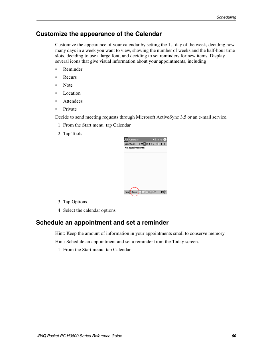 Customize the appearance of the calendar, Schedule an appointment and set a reminder | Compaq iPAQ H3800 User Manual | Page 60 / 116