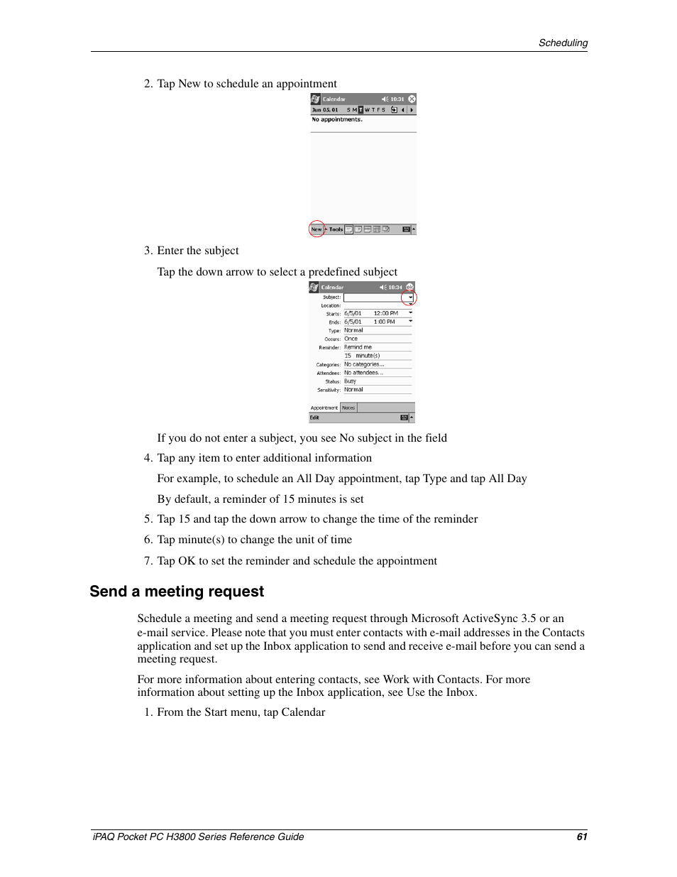 Send a meeting request | Compaq iPAQ H3800 User Manual | Page 61 / 116