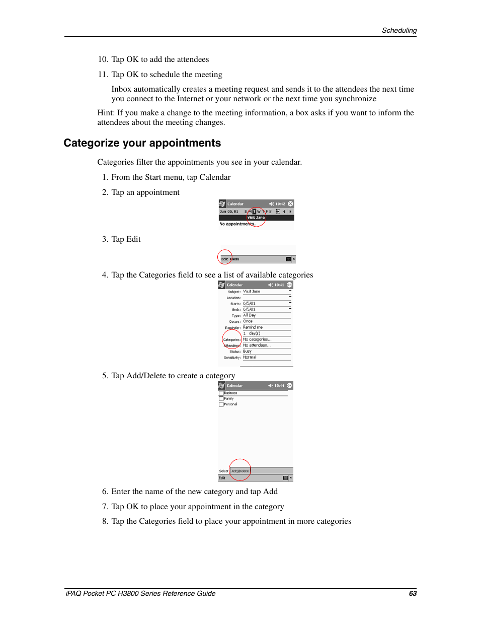 Categorize your appointments | Compaq iPAQ H3800 User Manual | Page 63 / 116