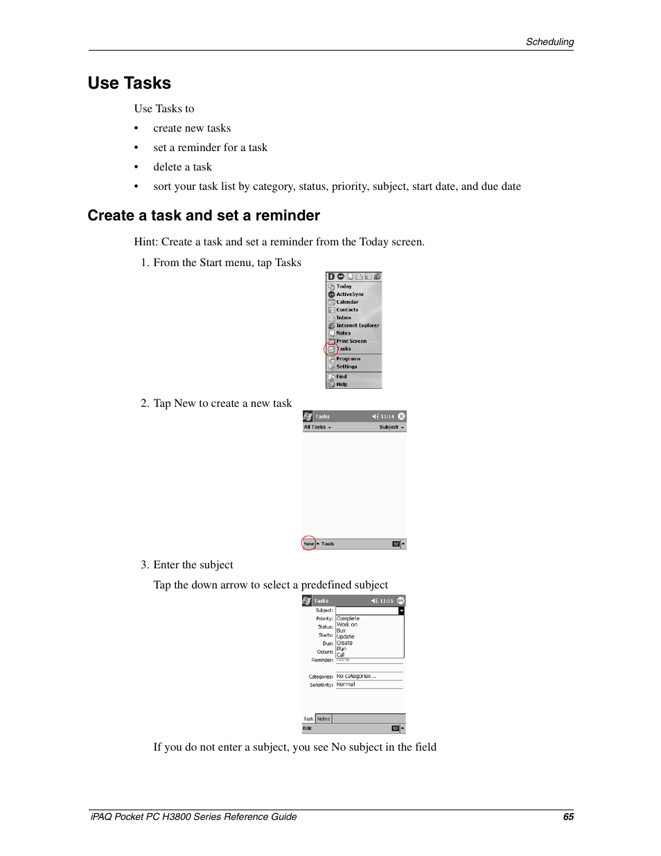 Use tasks, Create a task and set a reminder | Compaq iPAQ H3800 User Manual | Page 65 / 116