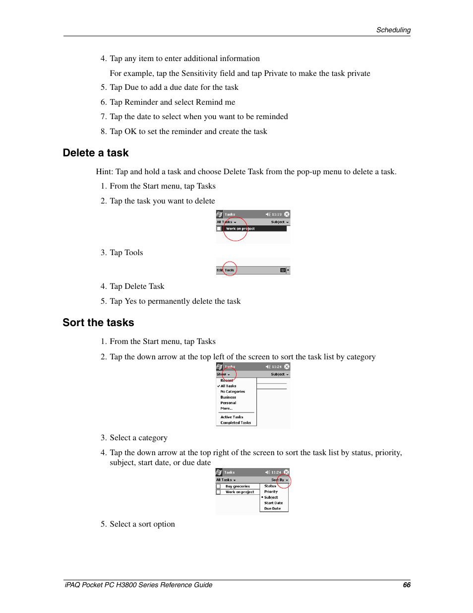 Delete a task, Sort the tasks | Compaq iPAQ H3800 User Manual | Page 66 / 116