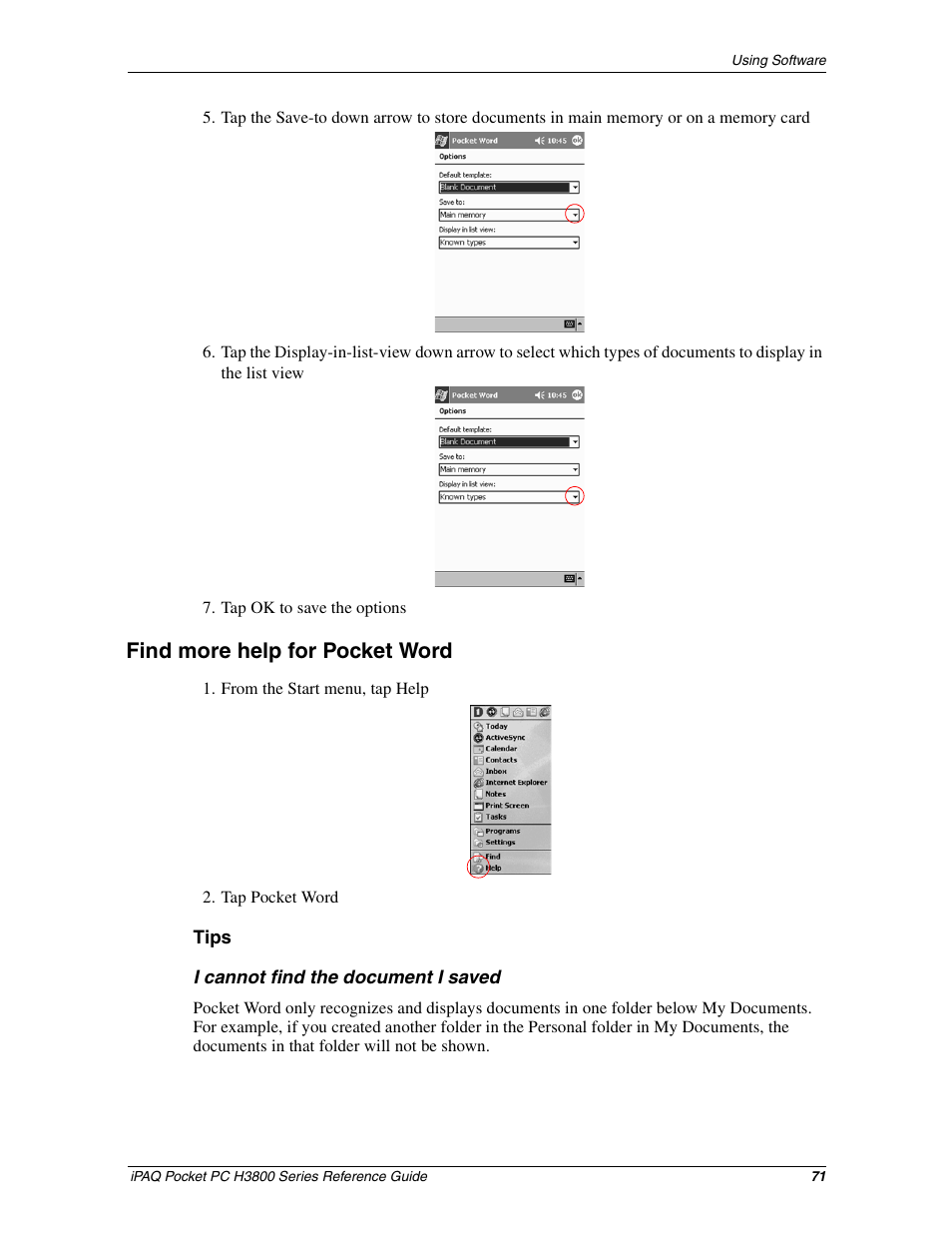 Find more help for pocket word | Compaq iPAQ H3800 User Manual | Page 71 / 116