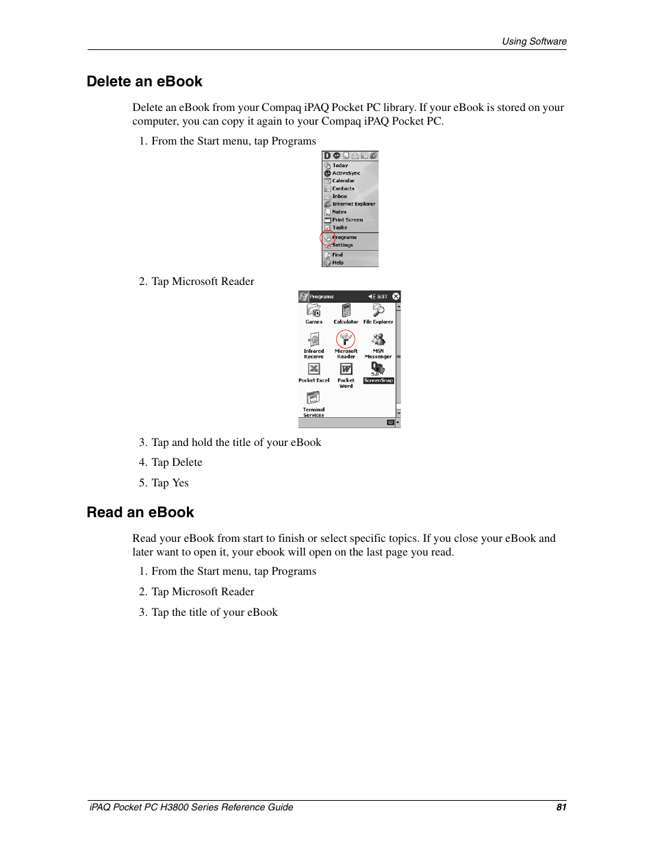 Delete an ebook, Read an ebook | Compaq iPAQ H3800 User Manual | Page 81 / 116