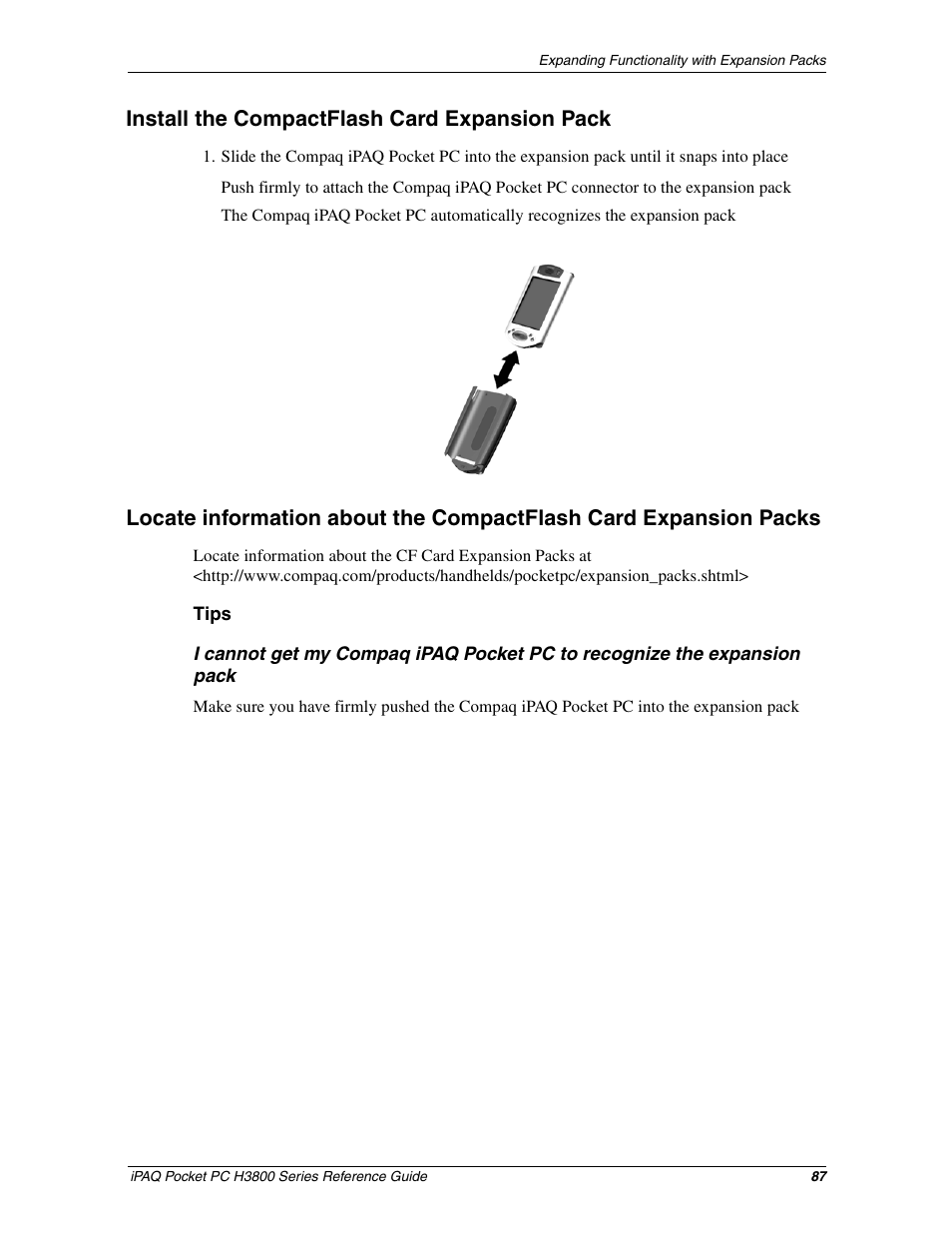 Install the compactflash card expansion pack | Compaq iPAQ H3800 User Manual | Page 87 / 116