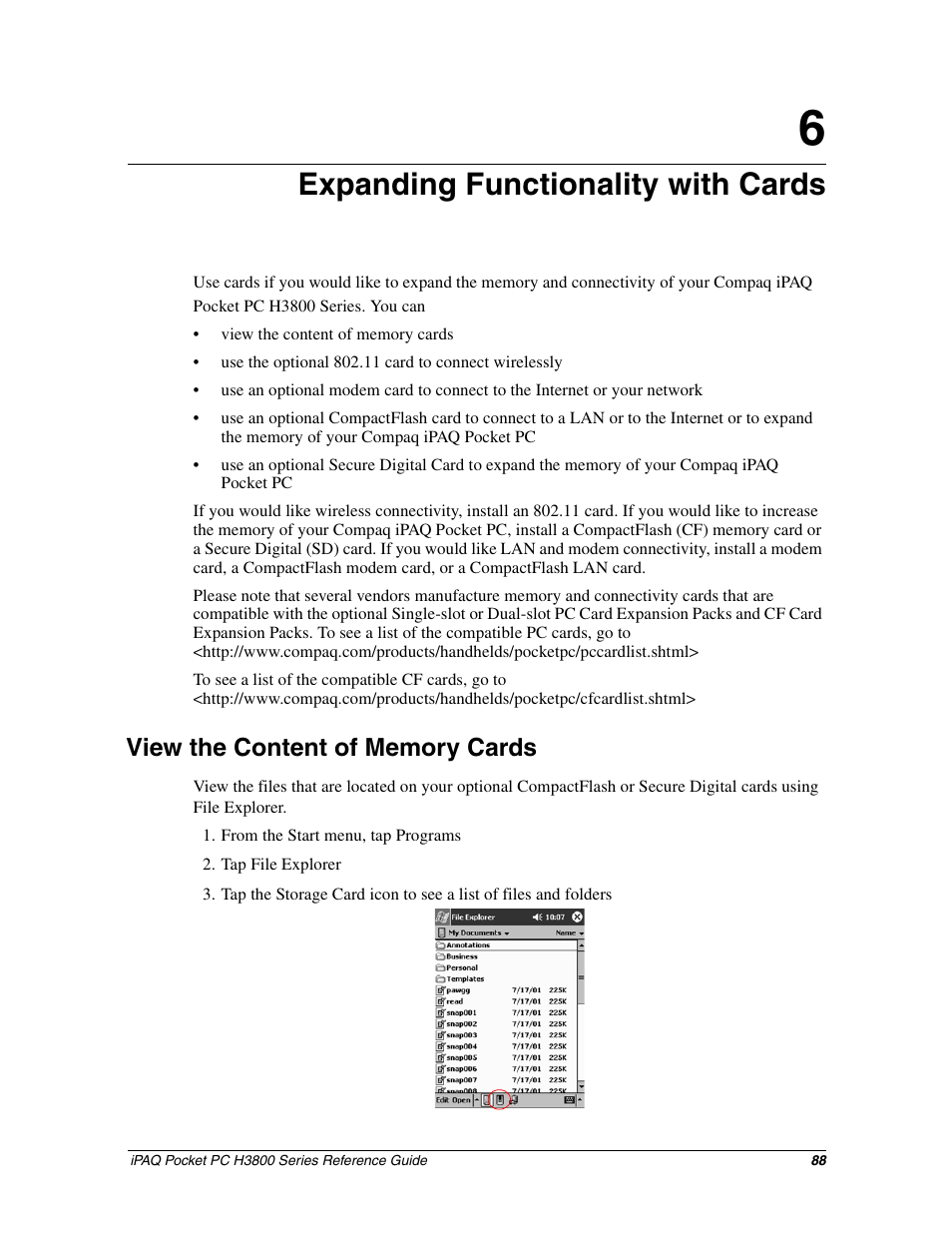 Expanding functionality with cards | Compaq iPAQ H3800 User Manual | Page 88 / 116