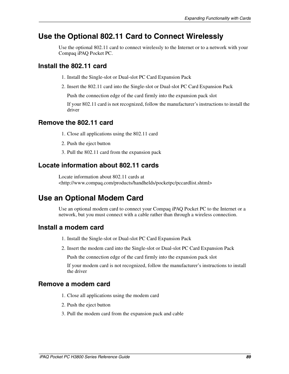 Use an optional modem card | Compaq iPAQ H3800 User Manual | Page 89 / 116