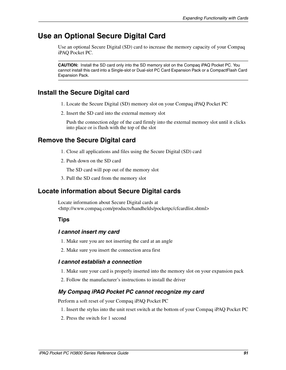 Use an optional secure digital card, Install the secure digital card, Remove the secure digital card | Locate information about secure digital cards | Compaq iPAQ H3800 User Manual | Page 91 / 116