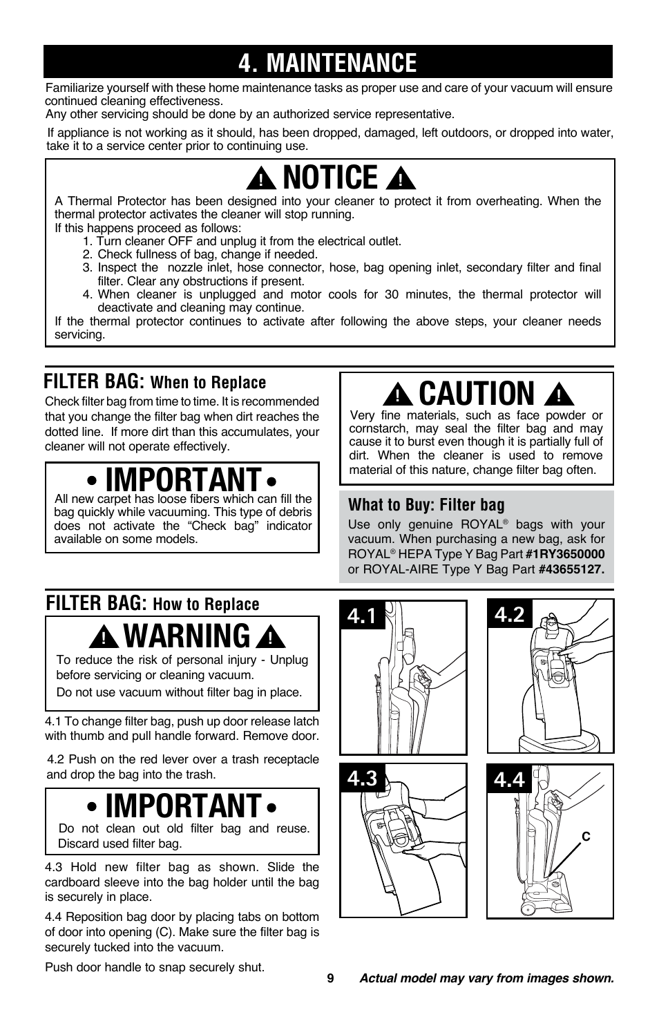 Important, Caution, Warning | Notice, Maintenance, Filter bag | Royal Vacuums UR30090 User Manual | Page 18 / 48