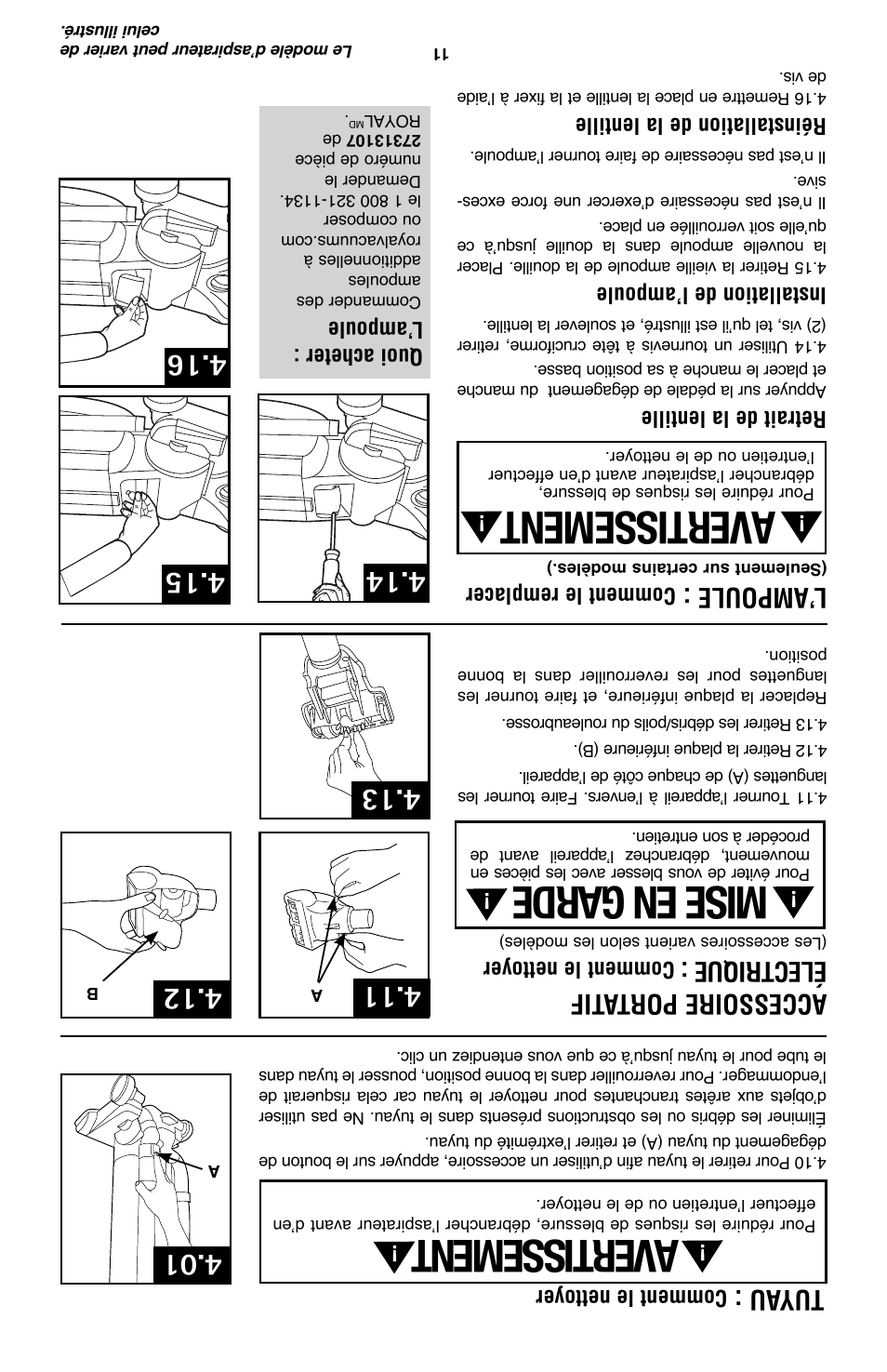 Avertissement, Mise en garde, Accessoire por tatif électrique | Tuyau, L’ampoule | Royal Vacuums UR30090 User Manual | Page 21 / 48