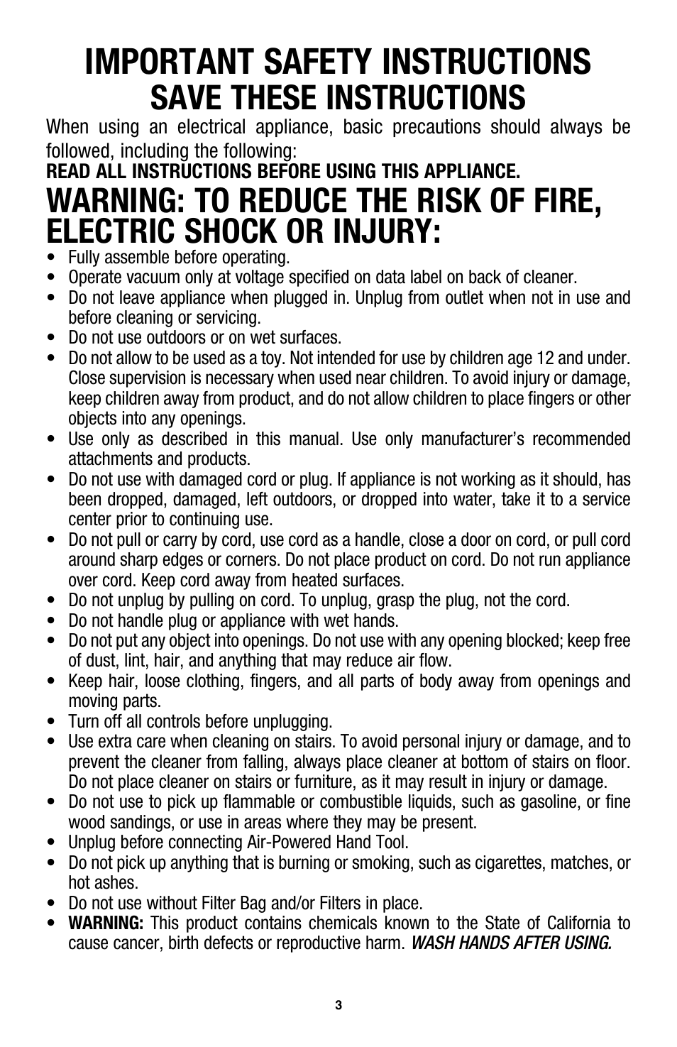 Important safety instructions, Save these instructions | Royal Vacuums UR30090 User Manual | Page 6 / 48