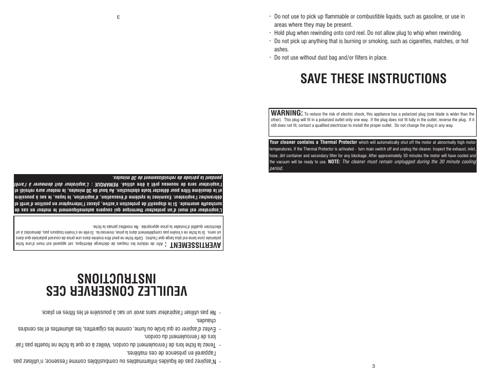 6 ê/ - ê -/,1, Veuillez conserver ces instructions | Royal Vacuums SR30015 User Manual | Page 3 / 16