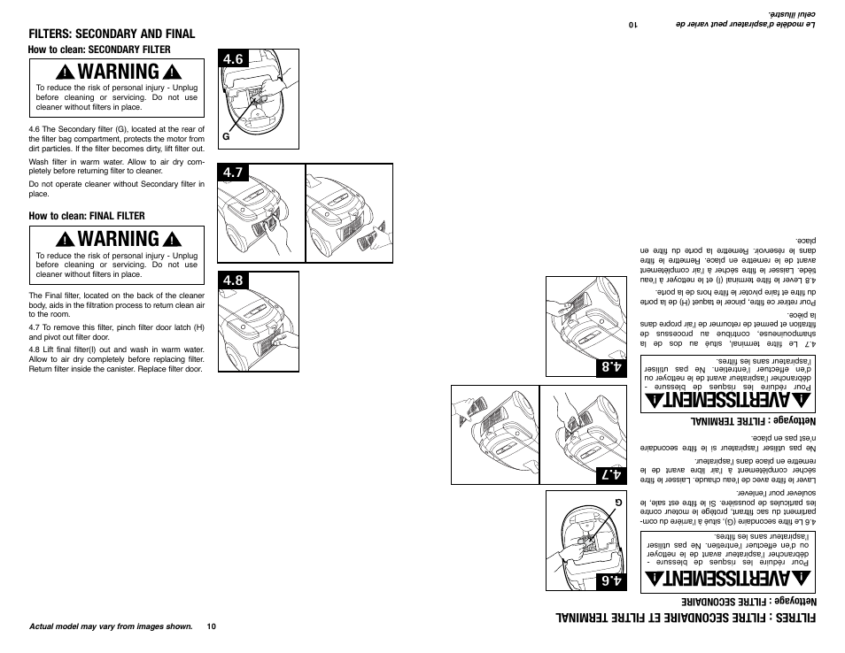 Warning, Ave rtis sem ent, Filters: secondary and final | Fil tres : fil tre second aire et fil tre terminal | Royal Vacuums SR30018 User Manual | Page 10 / 18