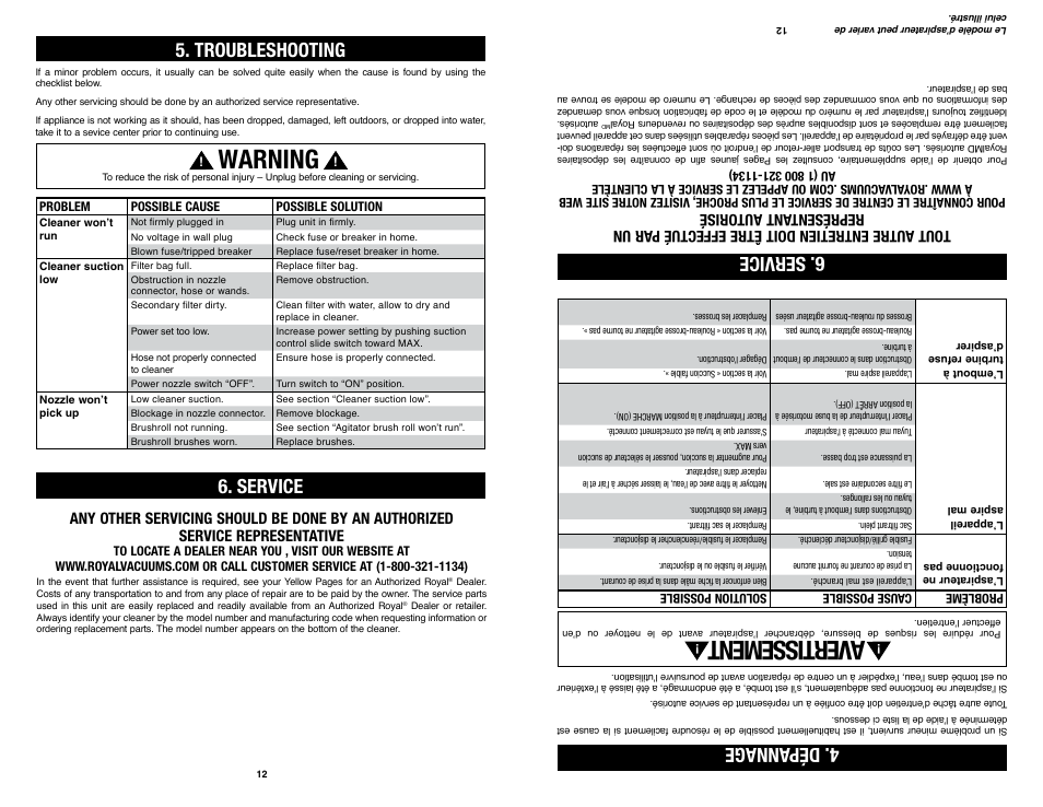 Warning, Ave rtis sem ent, Troubleshooting | Service, S ervice 4. dép annage | Royal Vacuums SR30018 User Manual | Page 12 / 18