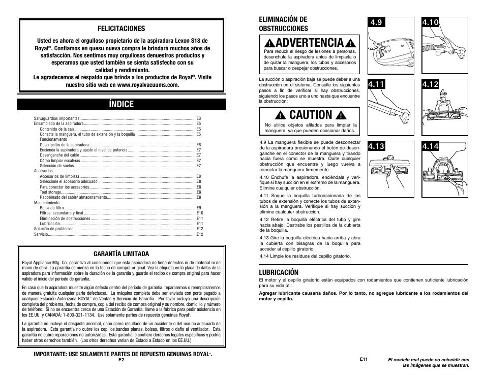 Caution, Advertencia, Índice | Felicitaciones, Eliminación de obstrucciones, Lubricación | Royal Vacuums SR30018 User Manual | Page 14 / 18