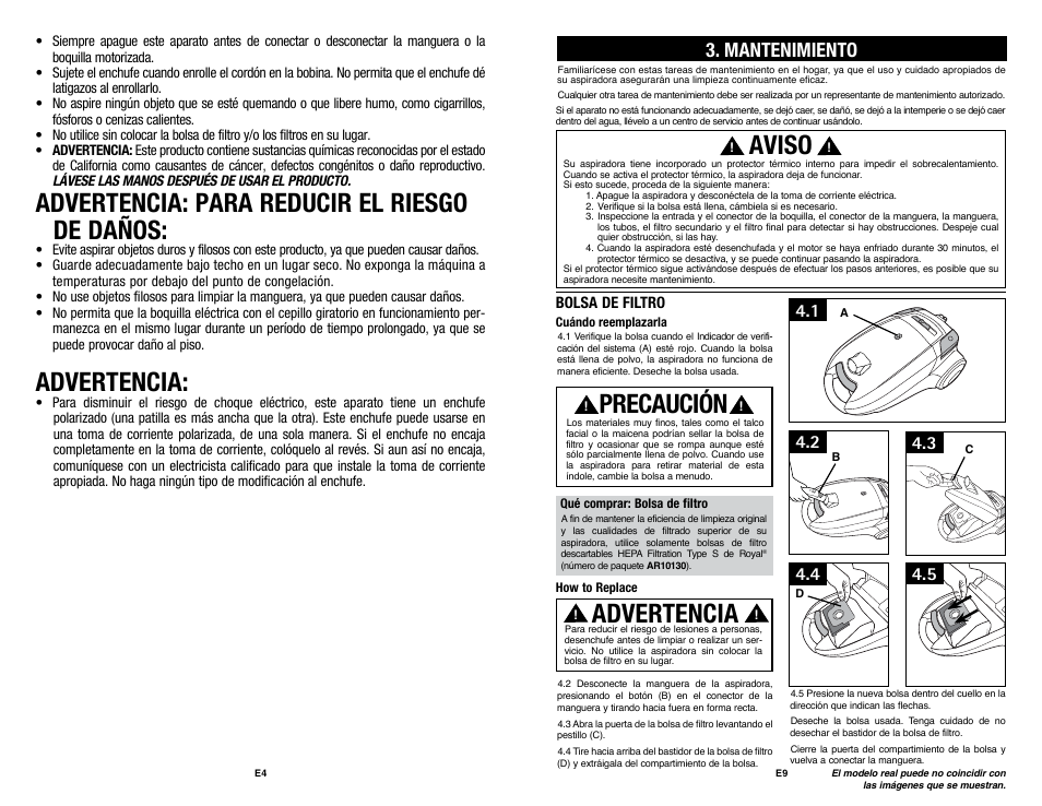 Advertencia: para reducir el riesgo de daños, Advertencia, Aviso | Precaución, Mantenimiento | Royal Vacuums SR30018 User Manual | Page 16 / 18