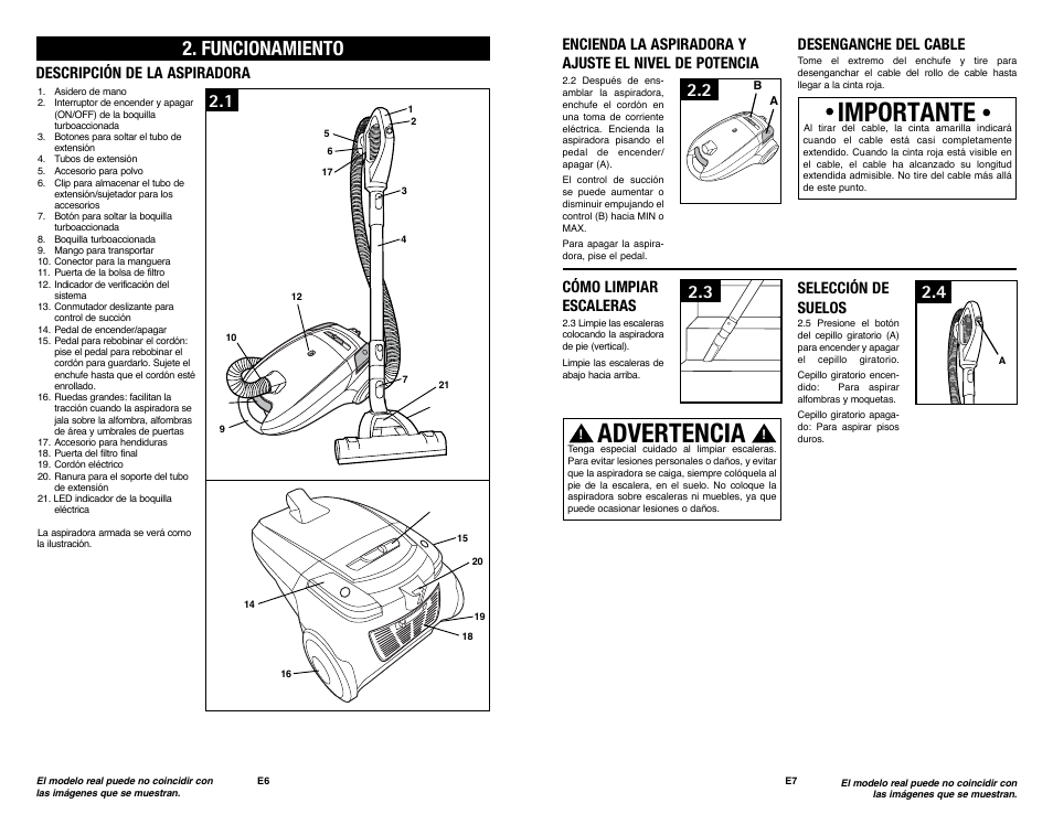 Importante, Advertencia, Funcionamiento | Descripción de la aspiradora, Cómo limpiar escaleras, Desenganche del cable, Selección de suelos | Royal Vacuums SR30018 User Manual | Page 18 / 18