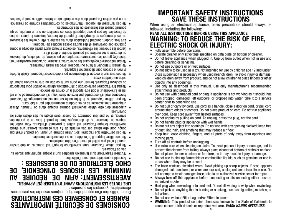 Important safety instructions, Consignes de sécurité importantes, Save these instructions | Ran ger et co nse rve r c es ins tru cti ons, Ave rti sse men t | Royal Vacuums SR30018 User Manual | Page 3 / 18