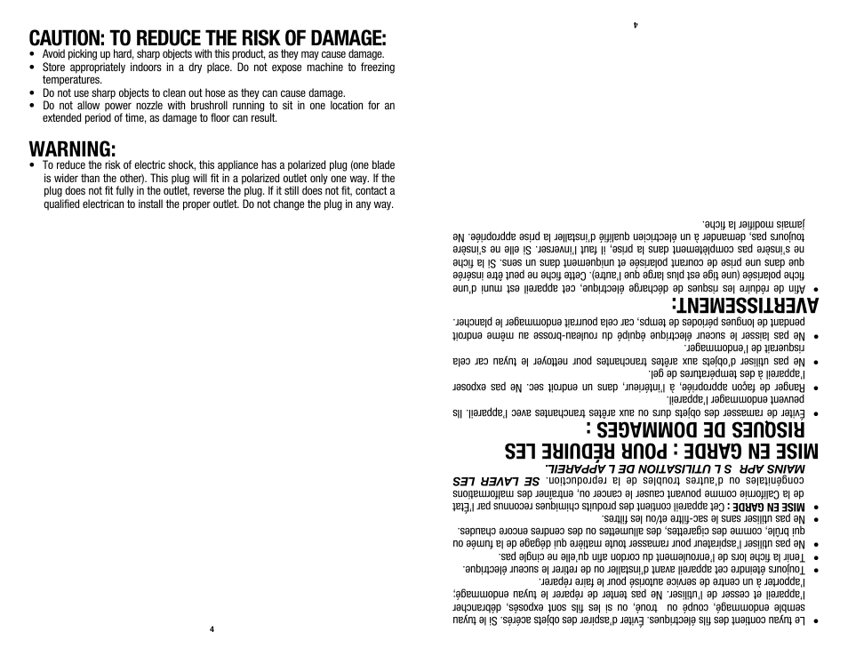 Caution: to reduce the risk of damage, Warning, Avertissement | Royal Vacuums SR30018 User Manual | Page 4 / 18