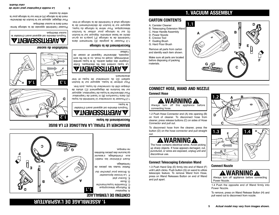 Warning, Ave rtis sem ent, Vacuum assembly | A ssemblage de l’ aspirateur, Carton contents, Connect hose, wand and nozzle, Brancher le tuy au, la rallonge et la buse | Royal Vacuums SR30018 User Manual | Page 5 / 18