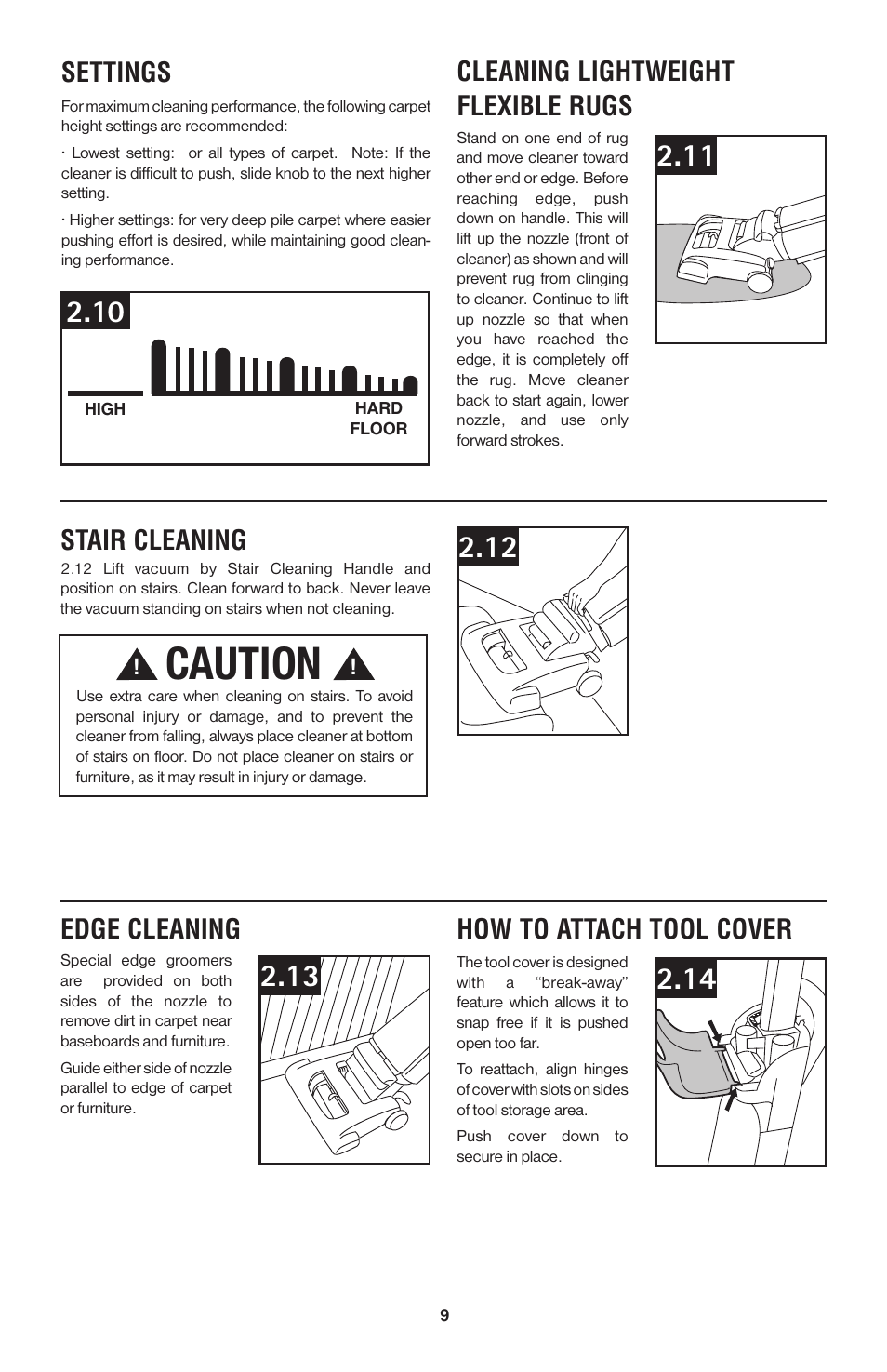 Caution, Edge cleaning, Settings | Cleaning lightweight flexible rugs, How to attach tool cover, Stair cleaning | Royal Vacuums UR30085 User Manual | Page 18 / 52