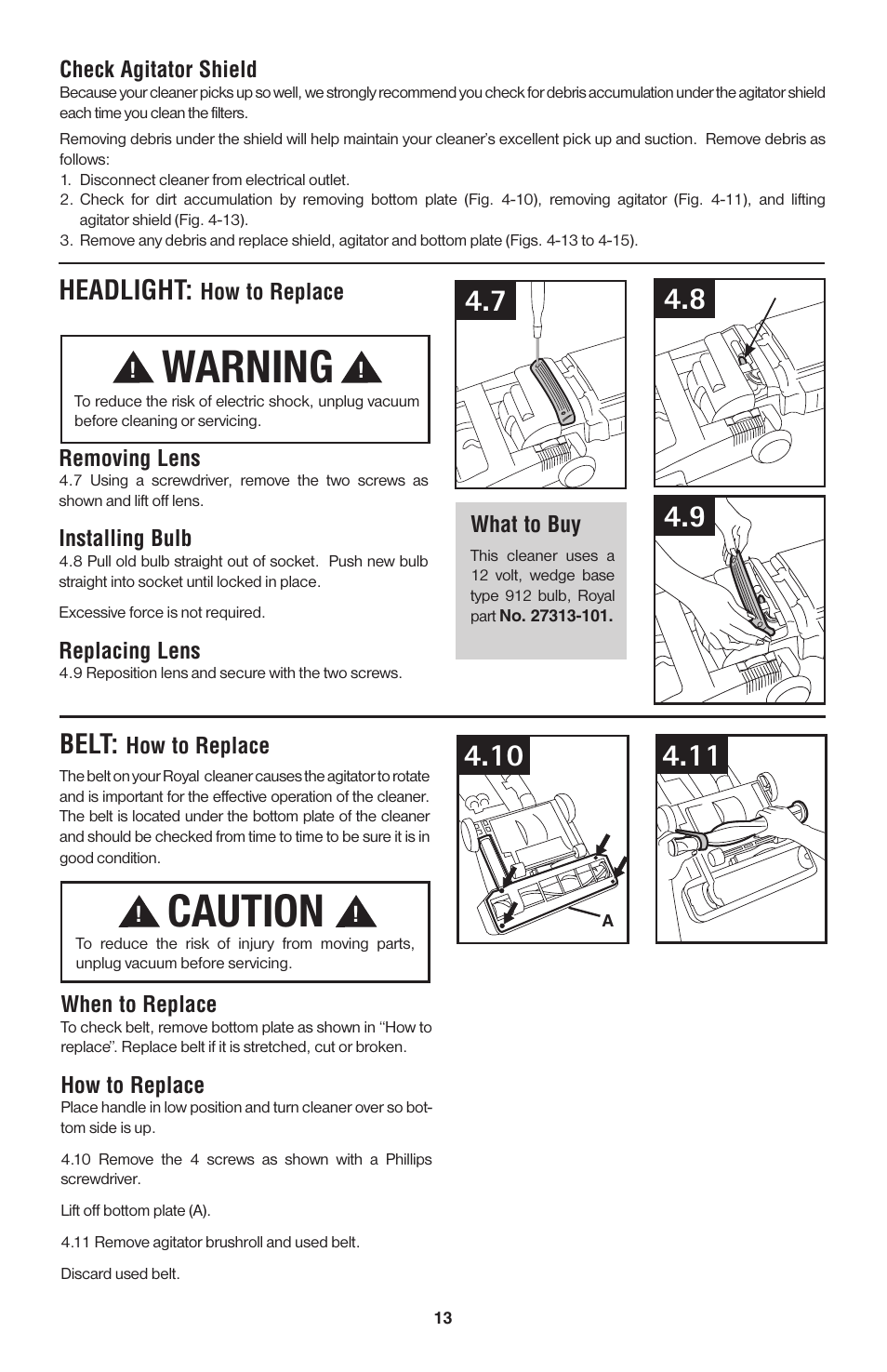 Caution, Warning, Headlight | Belt | Royal Vacuums UR30085 User Manual | Page 26 / 52
