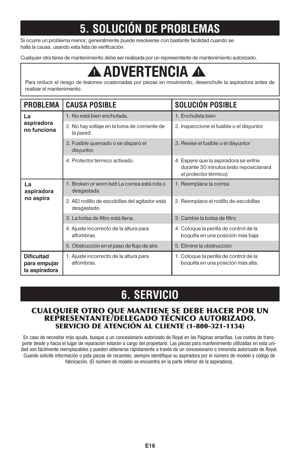 Advertencia, Solución de problemas, Servicio | Problema causa posible solución posible | Royal Vacuums UR30085 User Manual | Page 40 / 52