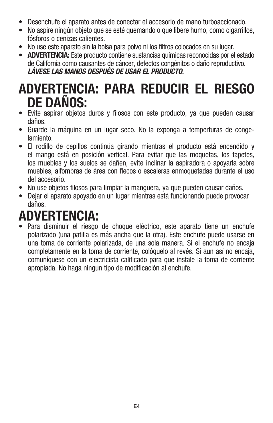 Advertencia: para reducir el riesgo de daños, Advertencia | Royal Vacuums UR30085 User Manual | Page 42 / 52