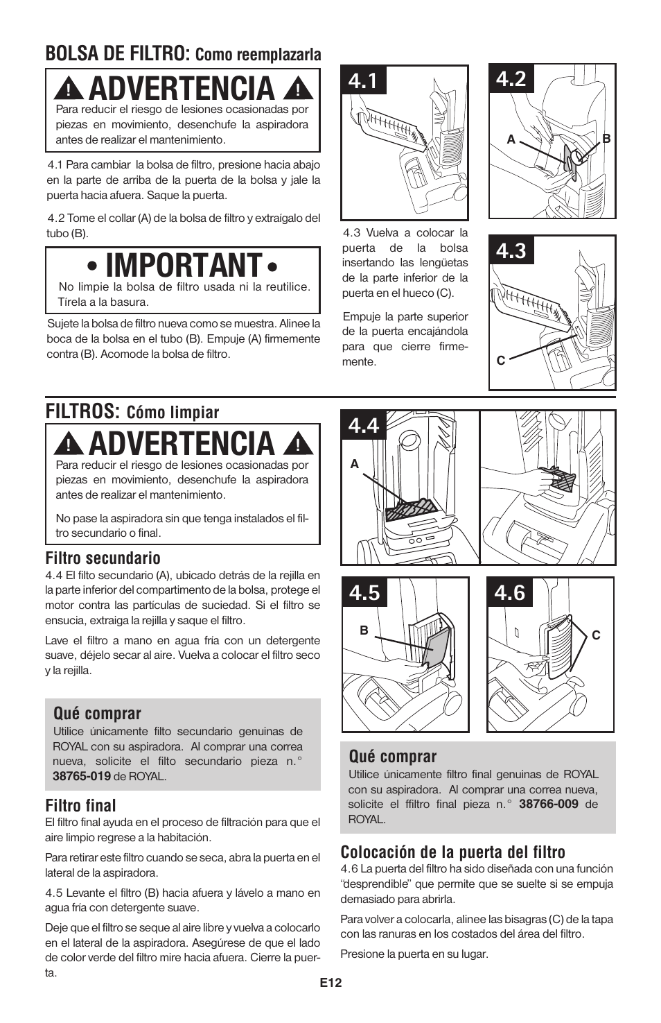 Important, Advertencia, Bolsa de filtro | Filtros | Royal Vacuums UR30085 User Manual | Page 48 / 52