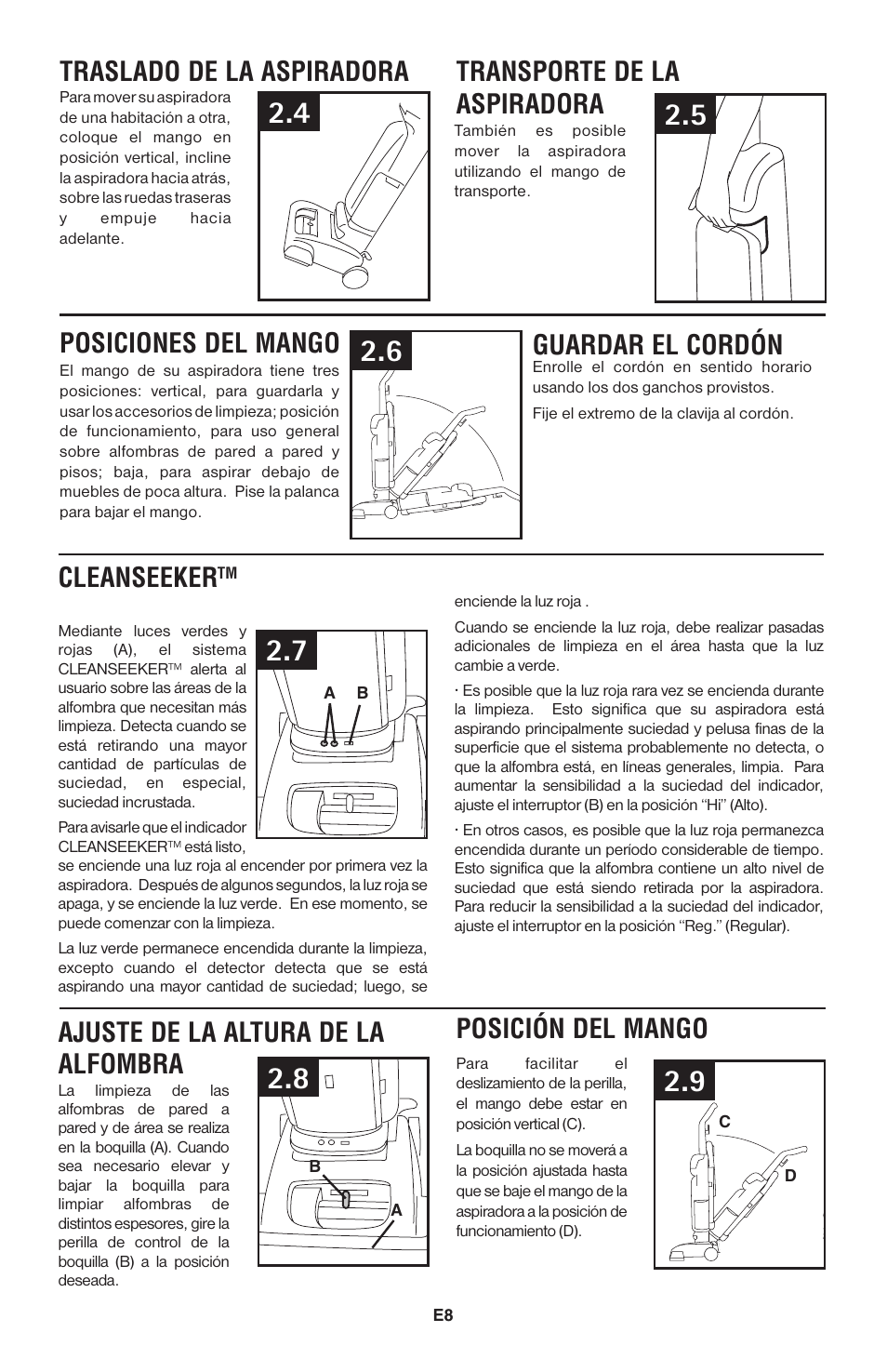 Traslado de la aspiradora, Transporte de la aspiradora, Posiciones del mango | Cleanseeker, Ajuste de la altura de la alfombra, Posición del mango, Guardar el cordón | Royal Vacuums UR30085 User Manual | Page 50 / 52