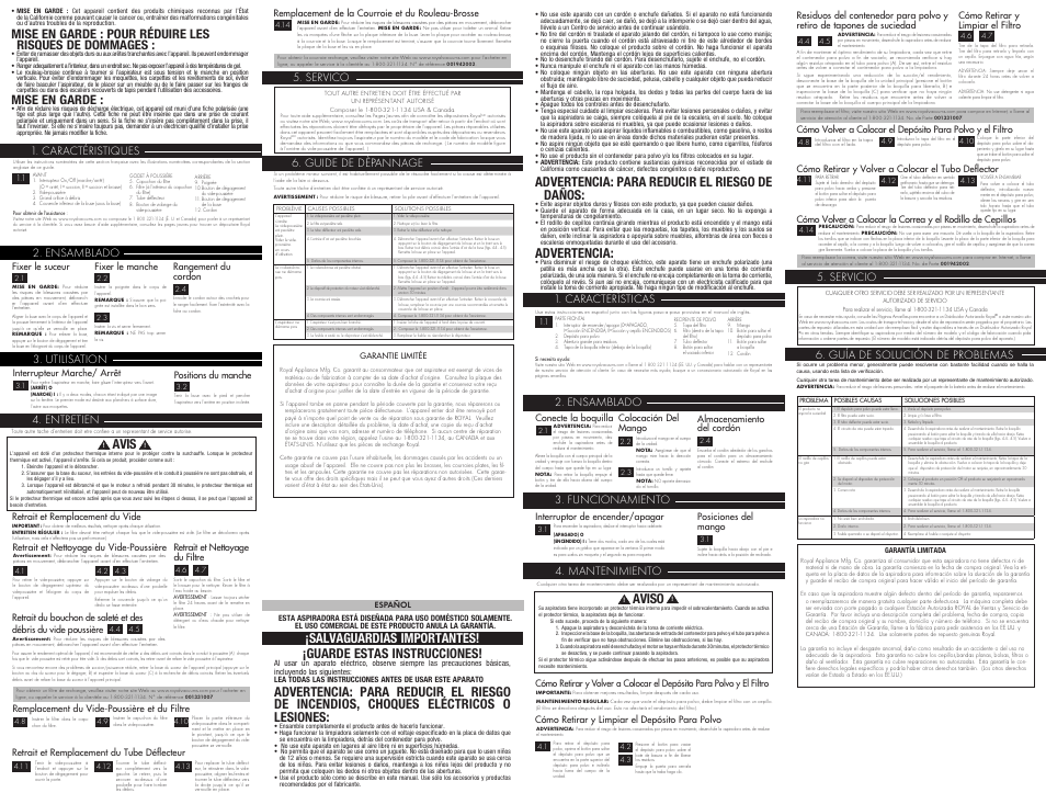 Advertencia: para reducir el riesgo de daños, Advertencia, Avis | Aviso, Ensamblado 6. guide de dèpannage, Utilisation, Entretien, Caractéristiques, Ensamblado, Características | Royal Vacuums ER20000 User Manual | Page 2 / 2