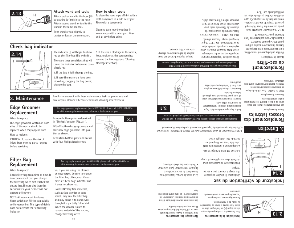 Check bag indicator, Maintenance, 1 edge groomer replacement filter bag replacement | Indicateur de vérification du sac, Entretien | Royal Vacuums CR50005 User Manual | Page 10 / 22