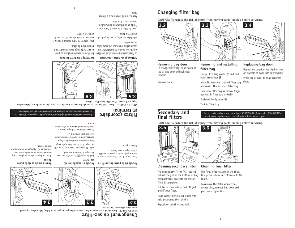 Changing filter bag, Secondary and final filters, Changement du sac-filtre | Filtres secondaire et terminal | Royal Vacuums CR50005 User Manual | Page 11 / 22