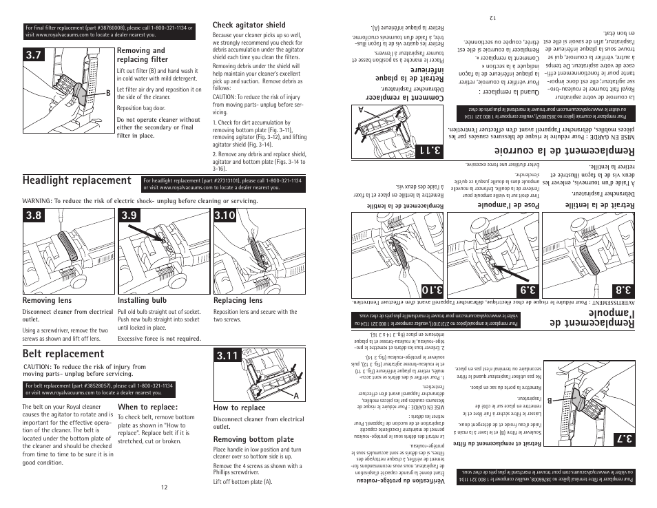 Headlight replacement, Remplacement de l'ampoule, Belt replacement remplacement de la courroie | Royal Vacuums CR50005 User Manual | Page 12 / 22