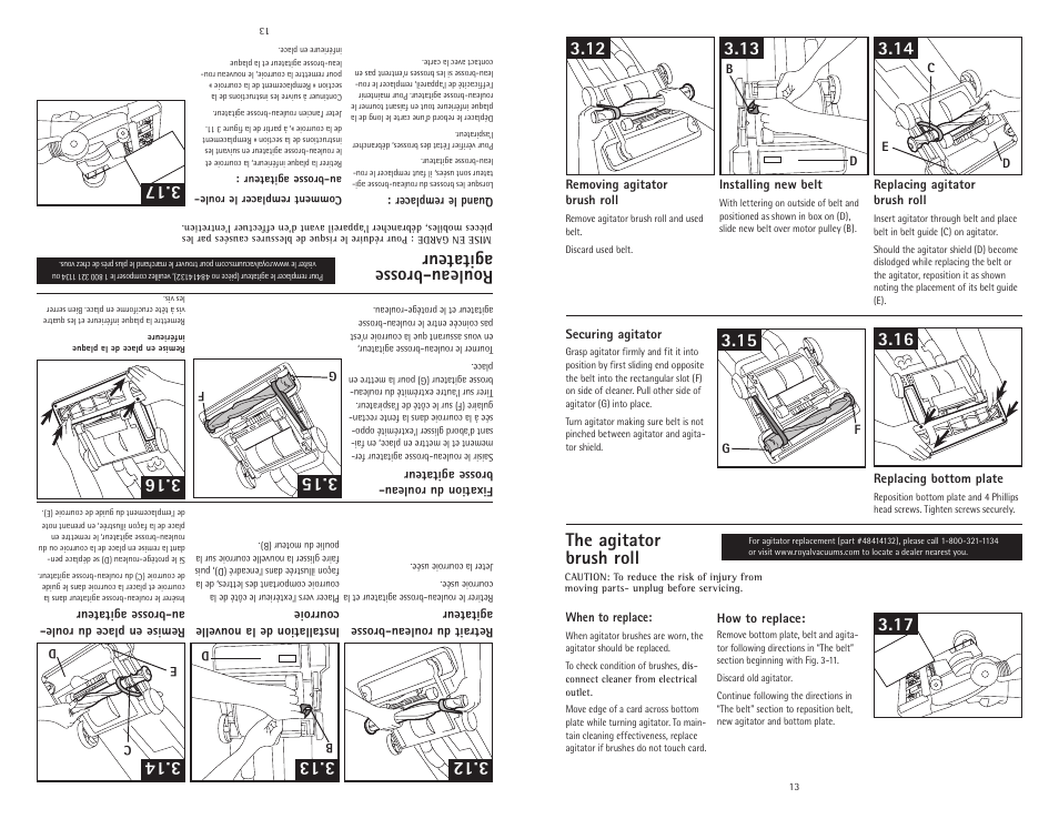 The agitator brush roll, Rouleau-brosse agitateur | Royal Vacuums CR50005 User Manual | Page 13 / 22