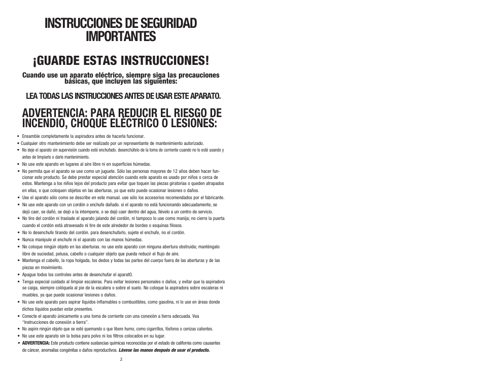Instrucciones de seguridad importantes, Guarde estas instrucciones | Royal Vacuums CR50005 User Manual | Page 16 / 22